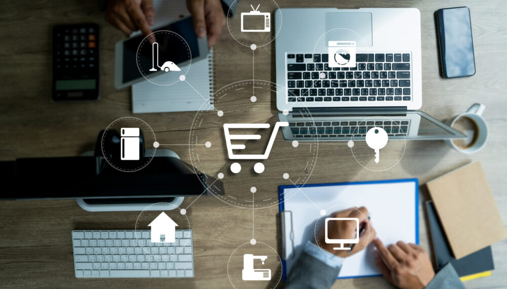 Business people use Technology E-commerce Internet Global Market Business people use Technology E-commerce Internet Global Marketing Purchasing Plan and Bank Concept