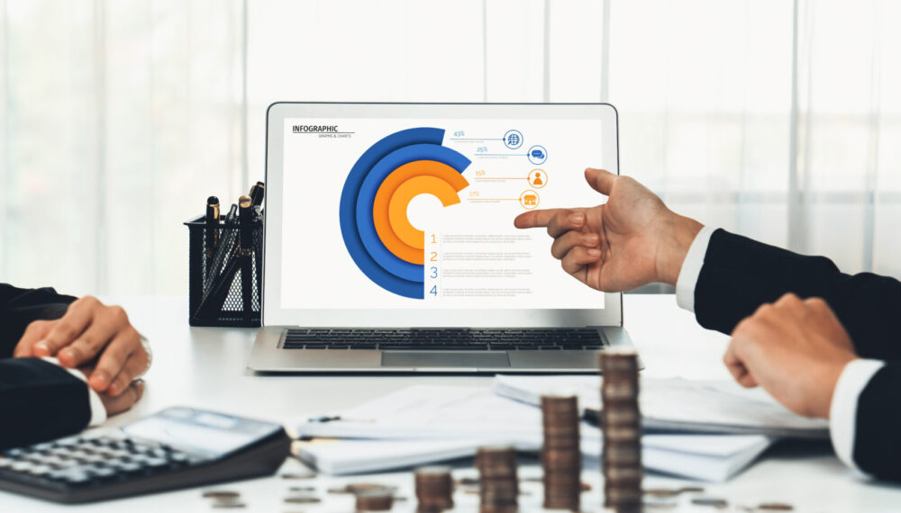 Business intelligence analyst use BI software on laptop with stack coin. Shrewd Business intelligence analyst use BI software on laptop to analyze financial data dashboard with growth stack coin symbolize business technology make investment decision in panorama. Shrewd